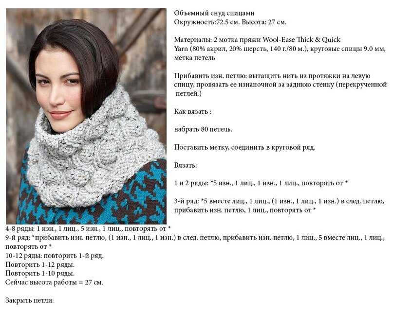 Снуд спицами (шарф): подробные схемы с описанием и фото - лучшие варианты