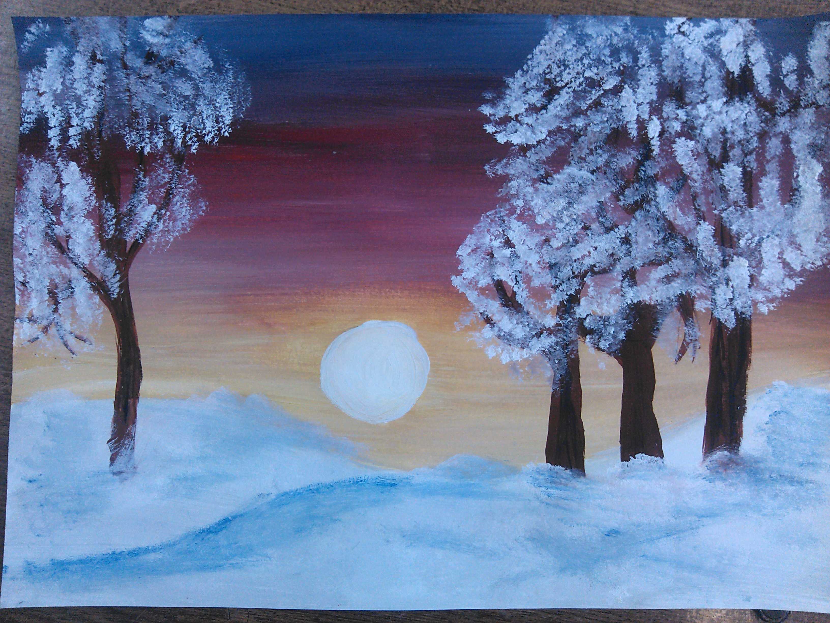 Картина панно рисунок мастер-класс рисование и живопись зимний пейзаж морозное утро мастер-класс по рисованию  гуашь
